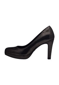 Escarpin noir à talons hauts avec un design en maille texturée et un bout arrondi. Dispose d'une semelle compensée et est conçu pour des occasions formelles.