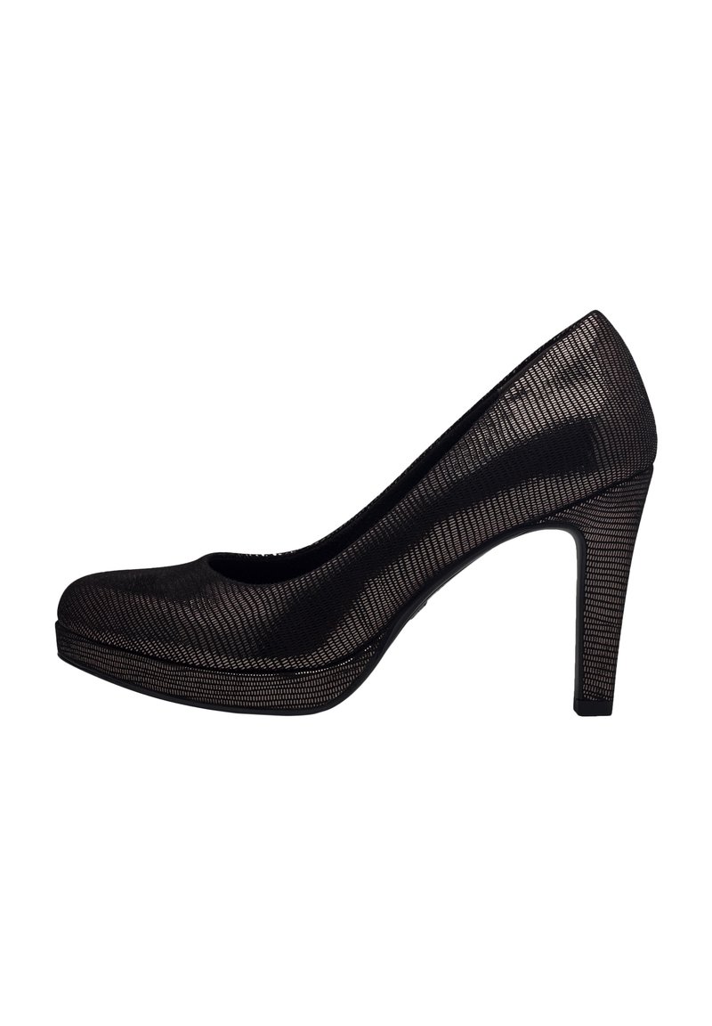 Escarpin noir à talons hauts avec un design en maille texturée et un bout arrondi. Dispose d'une semelle compensée et est conçu pour des occasions formelles.