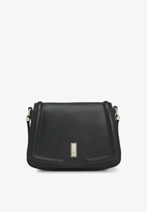 Black leather crossbody bag with a smooth texture, rectangular shape, silver hardware, and a front metal logo accent.