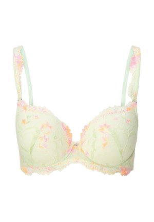 Vaaleanvihreä topattu rintaliivit, joissa pinkkiä ja oranssia kukkakuvioista pitsiä, säädettävät olkaimet ja tukevat kaarit.