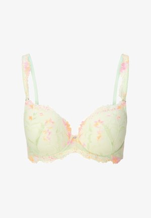 Soutien-gorge rembourré vert clair avec overlay en dentelle florale rose et orange, doté de bretelles réglables et d'un maintien à armatures.