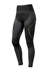 Schwarze Sportleggings mit hohem Bund, versehen mit einem grünen Logo und geometrischen Musterakzenten. Hergestellt aus dehnbarem, strukturiertem Stoff.