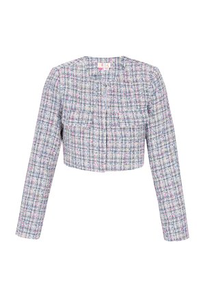 Häkeljacke im Cropped-Stil in Hellblau mit bunten Fäden. Mit langen Ärmeln, zwei vorderen Taschen und einem runden Ausschnitt.