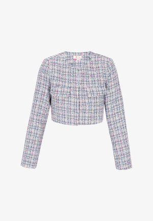 Crochet-tyylinen, lyhyt takki vaaleansinisellä pohjalla ja monivärisillä langoilla. Ominaisuuksiin kuuluu pitkät hihat, kaksi etutaskua ja pyöreä kaula-aukko.