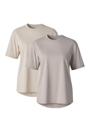 Zwei kurzärmlige T-Shirts, eines in hellem Beige und das andere in sanftem Grau. Hergestellt aus einem glatten Baumwollgemisch mit Rundhalsausschnitt und geradem Saum.