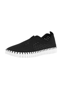 Schwarzer Slipper aus perforiertem Material mit einer weißen Gummisohle, die über eine strukturierte Oberflächengestaltung und ein geschwungenes Design verfügt.