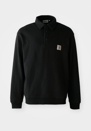 Polo preto de manga longa com três botões e um pequeno emblema quadrado da Carhartt no lado esquerdo do peito, contra um fundo branco.