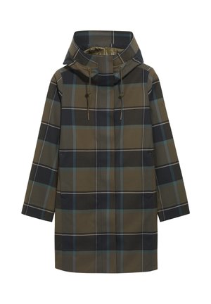 Imperméable à motifs écossais avec un col haut et des cordons de serrage réglables. Les couleurs incluent le vert, le bleu marine et le beige, avec une finition lisse et résistante à l'eau.