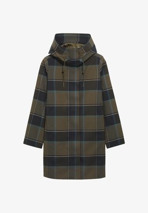 Rutig regnfrakke med høj krave og justerbare snore. Farverne inkluderer grøn, marineblå og beige med en glat, vandafvisende overflade.