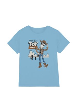 Light blue t-shirt with a graphic of Woody from Toy Story tipping his hat with desert and cactus background.
