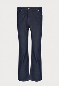 Tumši zili džinsa zvana bikses ar augstu vidukli, tām ir priekšējās kabatas, sudraba pogas un šuvju detaļas pie jostasvietas un bikšu galiem.