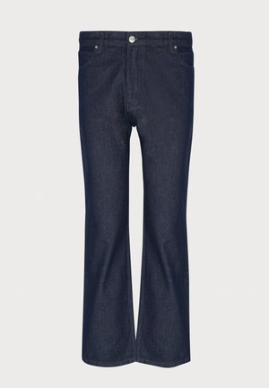 Sötétkék farmer flare nadrág magas derékkal, elülső zsebekkel, ezüst gombbal és varrási részletekkel az derékrészen és a szegélyeken.