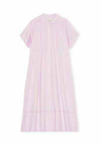 Vestito in cotone rosa chiaro con maniche corte, apertura con bottoni e design a pieghe. Presenta una sottile cucitura decorativa vicino all'orlo.