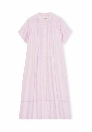 Šviesiai rožinė medvilninė suknelė su trumpomis rankovėmis, mygtukų priekis ir klostuotas dizainas. Pabrėžia subtilius siuvinėjimo akcentus prie apvado.