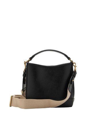 Black leather handbag with a short handle and wide beige fabric shoulder strap with gold-tone hardware against a white background.