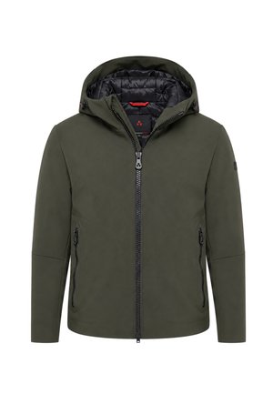 Giacca con cappuccio verde scuro con fodera interna imbottita nera, cerniera frontale e due tasche laterali con cerniera, mostrata su sfondo bianco.
