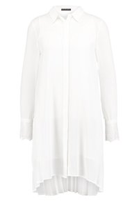 Vestito camicia bianco a maniche lunghe con colletto, chiusura a bottoni sul davanti, dettagli in pizzo sui polsini e orlo posteriore leggermente allungato. Tessuto di trama liscia.