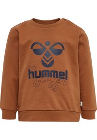 Brązowa bluza z miękkiej bawełny, z granatowym wzorem graficznym z napisem "hummel" oraz abstrakcyjnymi kształtami. Zawiera napy na ramionach.