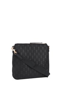 Borsa a tracolla nera realizzata in materiale liscio, con un delicato motivo floreale, hardware in tonalità oro e una tracolla regolabile.