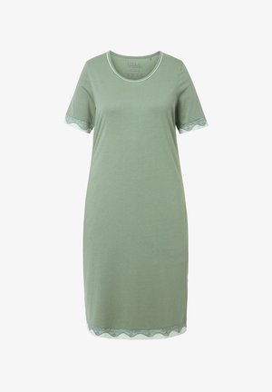 Grünes kurzärmeliges Nachthemd mit Rundhalsausschnitt, mit Spitzenbesatz an den Ärmeln und dem Saum, aus weichem Baumwollmaterial, lockere Passform.