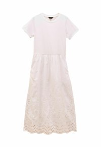 Weißes Baumwollkleid mit kurzen Ärmeln, einfarbiger Oberteil und Lochmuster am Saum, ausgestattet mit einer gerafften Taille für einen lässigen Sitz.