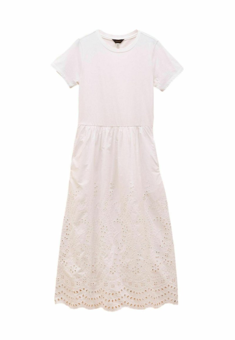 Weißes Baumwollkleid mit kurzen Ärmeln, einfarbiger Oberteil und Lochmuster am Saum, ausgestattet mit einer gerafften Taille für einen lässigen Sitz.