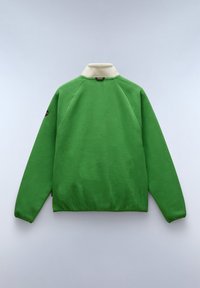 Groene fleece pullover met een witte kraag, voorzien van lange mouwen en een logo op de linkerarm. Zachte textuur met een relaxte pasvorm.