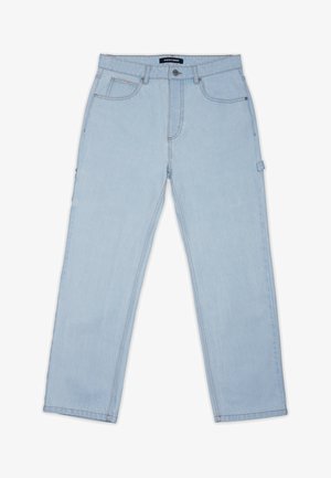 Light blue denim pants with a straight cut, featuring five pockets, contrast stitching, and a small side pocket for additional storage.