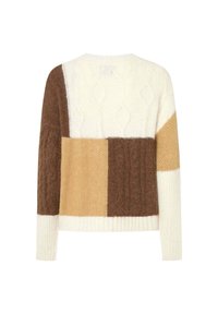 Pull en maille à manches longues avec un design patchwork en crème, marron et beige, présentant des motifs tricotés texturés variés.