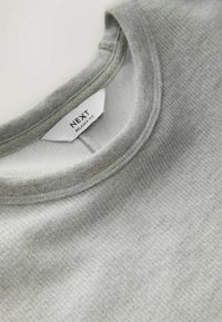 Zbliżenie na jasnoszary prążkowany t-shirt z okrągłym dekoltem, z białą metką "NEXT Relaxed Fit" wewnątrz dekoltu.