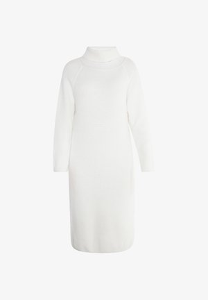 Biała dzianinowa sukienka z wysokim kołnierzem, długimi rękawami i prostą sylwetką. Tekstura jest prążkowana z miękkim wykończeniem.