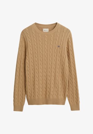 Pulover din tricot cu model cablu, de culoare bej, cu guler rotund, manșete și tiv ribelate, având un mic logo brodat pe piept.