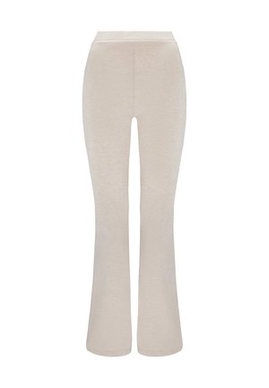 Jasno beżowe spodnie rozszerzane wykonane z miękkiego materiału, z wysokim stanem i gładką fakturą, o minimalistycznym wzornictwie i bez widocznych wzorów.