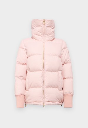 Ροζ καρό φουσκωτό μπουφάν με ψηλό γιακά, χρυσό φερμουάρ και ελαστικές μανσέτες. Διαθέτει ραμμένο σχέδιο και πλαϊνές τσέπες.