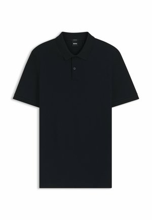 Short-sleeve polo shirt in solid black, made from smooth fabric. Features a classic collar, two-button placket, and subtle logo detail.