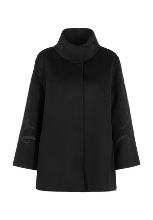 Black woolen coat with a high collar, three-quarter sleeves, and embroidered details on the sleeves. Textured fabric with a soft finish.