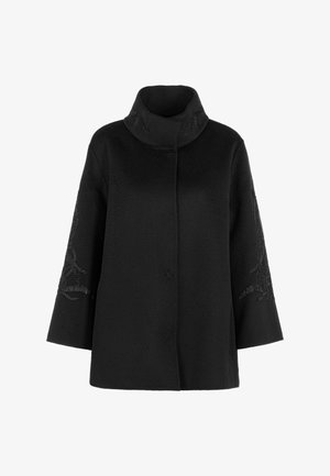 Black woolen coat with a high collar, three-quarter sleeves, and embroidered details on the sleeves. Textured fabric with a soft finish.