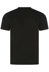 Camiseta negra de manga corta con un diseño clásico de cuello redondo, hecha de un tejido suave con una textura lisa, sin patrones ni acentos visibles.