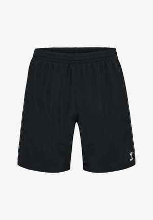 Schwarze Sportshorts mit einem elastischen Bund, die ein schlankes Design und seitliche Streifen mit einem Karomuster aufweisen, hergestellt aus leichtem Stoff.