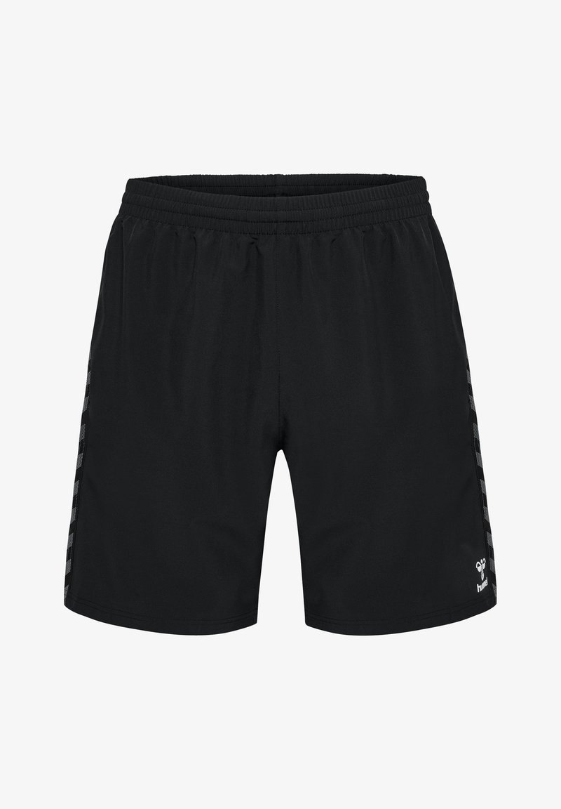 Sorte atletiske shorts med elastisk talje, der har et strømlinet design og sidestriber med et ternet mønster, lavet af letvægtsstof.