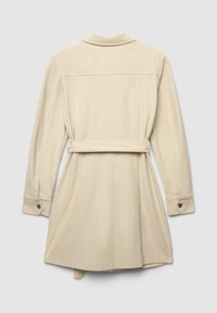 Beiges, samtartiges Kleid mit langen Ärmeln, Kragen und tailliertem Design. Verfügt über geknöpfte Manschetten und eine glatte Oberfläche.