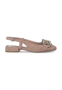 Appartamento in suede rosa pallido con punta affilata, presenta una fibbia decorativa in cristallo sulla tomaia e un tacco basso a blocco.