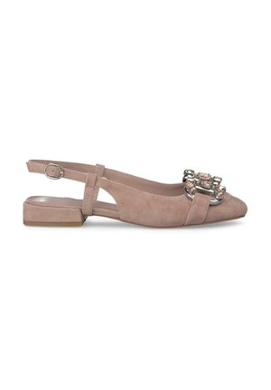 Appartamento in suede rosa pallido con punta affilata, presenta una fibbia decorativa in cristallo sulla tomaia e un tacco basso a blocco.