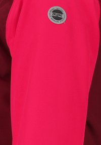 Vêtements de sport roses vifs avec une texture lisse, arborant un logo circulaire en argent portant l'inscription "ZIGZAG" sur le côté gauche.