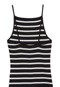 Débardeur noir et blanc à rayures avec des bretelles fines, texture côtelée et design ajusté, présentant des rayures horizontales uniformément espacées.
