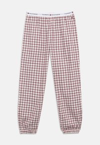 Cekotu pidžamu bikses baltā un bordo krāsā, izgatavotas no mīksta kokvilnas, ar elastīgu jostu, uz kuras redzams Tommy Hilfiger logo.