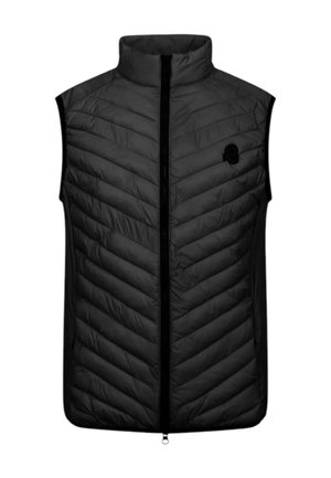 Gilet trapuntato nero con colletto alto, chiusura frontale con zip e delicato dettaglio del logo sul lato sinistro del petto. Materiale leggero e resistente.
