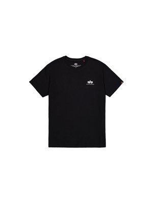 T-shirt nera a maniche corte in cotone. Presenta un piccolo logo bianco sul lato sinistro del petto e un'etichetta sulla cucitura laterale. Design semplice.