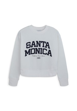 Sweatshirt court blanc avec "SANTA MONICA" en lettres navy audacieuses. Tissu doux avec un col rond et des poignets côtelés.