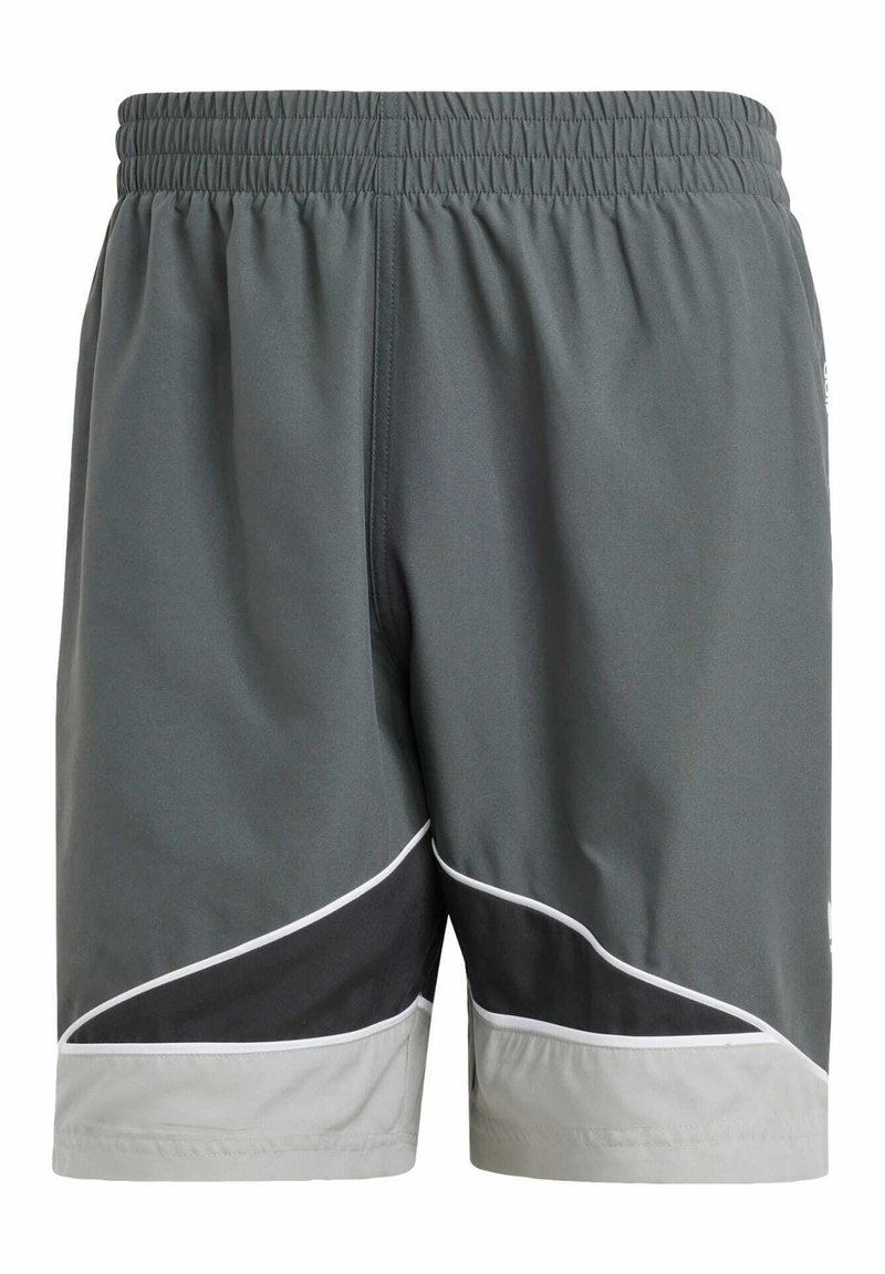 Grå atletiske shorts med elastisk talje, hvide og sorte accentpaneler samt et glat, letvægtsmateriale.